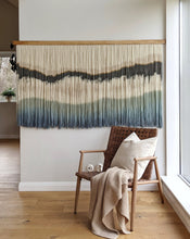 Load image into Gallery viewer, Large dip dye wall hanging, black tapestry, yarn art, boho yarn wall hanging, woven wall art, dyed yarn wall hanging, minimalist fiber art