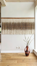 Load image into Gallery viewer, Minimal dip dye wall hanging, yarn wall tapestry, woven black wall hanging, contemporary gray fiber art, living room wall decoration