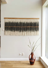 Load image into Gallery viewer, Minimal dip dye wall hanging, yarn wall tapestry, woven black wall hanging, contemporary gray fiber art, living room wall decoration