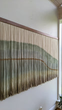 Load image into Gallery viewer, Fiber art wall hanging, large abstract yarn art, contemporary wall art, hand dyed tapestry, green dip dye decor, neutral home decoration