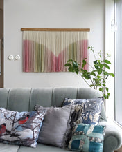 Load image into Gallery viewer, Girl room decor, large dip dye wall hanging, yarn art, boho yarn tapestry, woven wall art, dyed yarn wall hanging, spring wall art