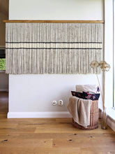Load image into Gallery viewer, Minimalist fiber art, dip dye wall hanging, grey tapestry, yarn art, yarn wall decor, woven wall art, dyed yarn wall hanging, wool painting