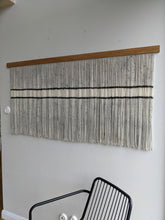 Load image into Gallery viewer, Minimalist fiber art, dip dye wall hanging, grey tapestry, yarn art, yarn wall decor, woven wall art, dyed yarn wall hanging, wool painting