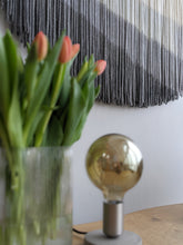 Load image into Gallery viewer, Minimalist fiber art, dip dye wall hanging, grey tapestry, yarn art, yarn wall decor, woven wall art, dyed yarn wall hanging, wool painting