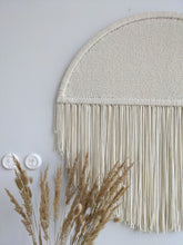 Load image into Gallery viewer, Round macrame wall hanging, circle boho fiber art, circular wool tapestry, round wall decor, large circular wall art, natural tapestry