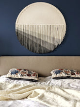 Load image into Gallery viewer, Minimalist fiber art, dip dye wall hanging, grey tapestry, yarn art, yarn wall decor, woven wall art, dyed yarn wall hanging, wool painting