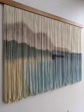 Load image into Gallery viewer, Landscape yarn art, dip dye wall hanging, blue fiber art, mountain and ocean dip dyed tapestry, macrame wall art, yarn wall hanging