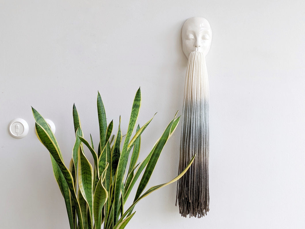 Clay and fiber art - Minimal Face Tassel - blue
