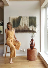 Load image into Gallery viewer, Fiber art wall hanging, large abstract yarn art, contemporary wall art, hand dyed tapestry, green dip dye decor, neutral home decoration
