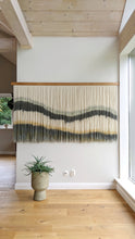 Load image into Gallery viewer, Geometrical yarn art, dip dye wall hanging, blue fiber art, horizontal wall hanging, dip dyed tapestry, macrame wall art, yarn wall hanging
