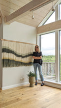 Load image into Gallery viewer, Geometrical yarn art, dip dye wall hanging, blue fiber art, horizontal wall hanging, dip dyed tapestry, macrame wall art, yarn wall hanging
