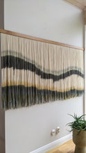 Load image into Gallery viewer, Geometrical yarn art, dip dye wall hanging, blue fiber art, horizontal wall hanging, dip dyed tapestry, macrame wall art, yarn wall hanging

