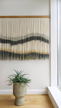 Load image into Gallery viewer, Geometrical yarn art, dip dye wall hanging, blue fiber art, horizontal wall hanging, dip dyed tapestry, macrame wall art, yarn wall hanging
