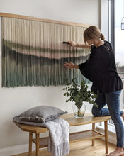 Load image into Gallery viewer, Dip dye fiber art, large boho wall hanging, contemporary wall art, hand dyed tapestry, yarn decor, neutral home decoration
