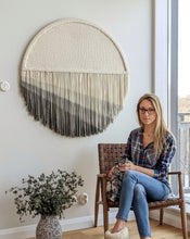 Load image into Gallery viewer, Circular dip dye tapestry, round macrame wall hanging, circle modern fiber art, round wall decor, large circular wall art, minimal tapestry
